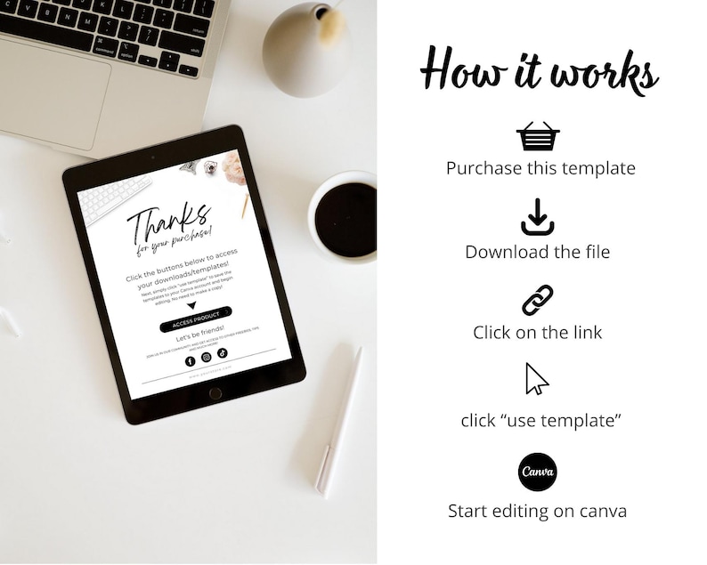 May include: A digital tablet displaying a thank you message for a purchase. The message includes a button to access the product. The image also shows a laptop, a cup of coffee, and a pen.