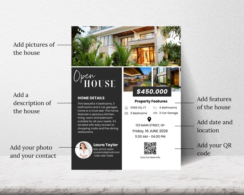 Brokers Open House Flyer Canva Template With QR Code, Property Listing ...