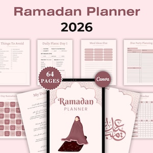 Puede incluir: Un planificador del Ramadán 2026 con 64 páginas, con un diseño de portada con una mujer con hiyab. El planificador incluye secciones para planes diarios, ideas de comidas y seguimiento, con el texto "Ramadan Planner" y "Canva".