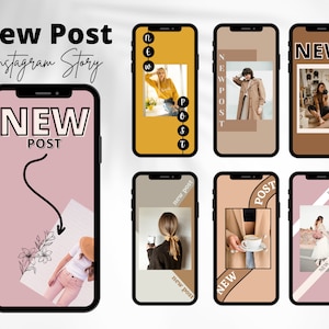 Puede incluir: Una colección de ocho plantillas de historias de Instagram con un esquema de color rosa, marrón y amarillo. Las plantillas presentan el texto "NEW POST" en varios estilos y fuentes. Algunas plantillas incluyen imágenes de personas que visten ropa y accesorios.