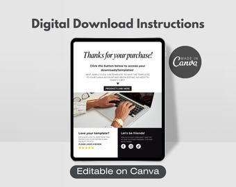 May include: A digital download instruction guide with a white background and black text. The guide includes a button to access downloads and templates, a section to leave a review, and a section to connect on social media. The text "Made in Canva" is in a black circle with white text.