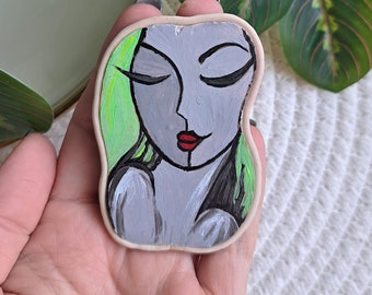 Unique handmade Polymer clay brooch with painted girl with red hair Handmade jewelry romantic style Handmade colorful brooch handmade art