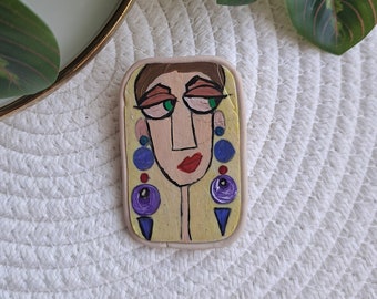 Unique handmade Polymer clay brooch with painted girl with earrings Handmade jewelry Handmade colorful brooch handmade art