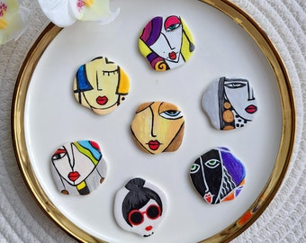 Unique handmade Polymer clay brooch with colorful acryl painting fun faces Handmade fashion jewelry Handmade colorful brooch for your style