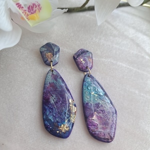 Handmade Polymer Clay Earrings – Violet & Blue with Gold Leaf Accents – Lightweight Statement Earrings Gift for Her dangle drop earrings