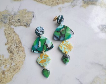 Handmade earrings polymer clay Malachite Dangle earrings ochre color Gift idea Floral design Stone imitation Hen party very light earrings