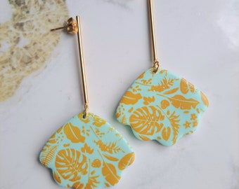 Handmade earrings polymer clay Malachite Dangle earrings ochre color Gift idea Floral Stone imitation Hen party very light