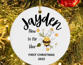 Personalized New to The Hive Ornament, Bumble Bee Baby Shower, 1st Christmas Newborn Ornament
