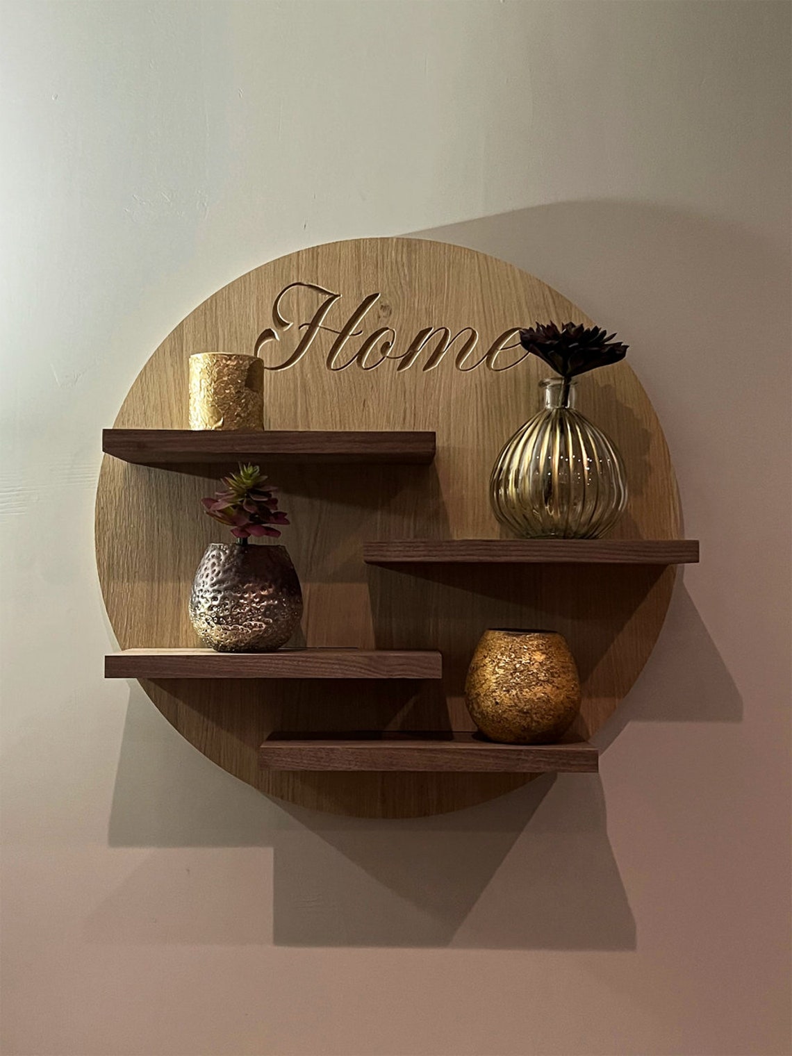 Oak Round Wall Rack With Walnut Planks 60 Cm - Etsy