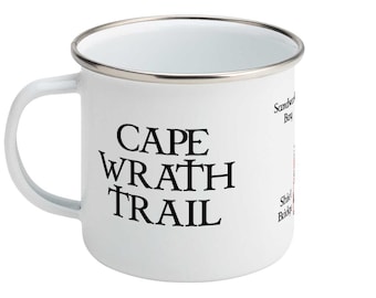 May include: White enamel camping mug with a black inscription that reads "CAPE WRATH TRAIL".