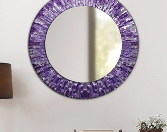 Glass Framed Mirror, Purple Unique Wall Decoration, Abstract Stained Glass, Decorative Mirror, Circle - Round Mirror, Tempered Glass