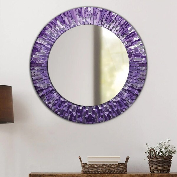 Glass Framed Mirror, Purple Unique Wall Decoration, Abstract Stained Glass, Decorative Mirror, Circle - Round Mirror, Tempered Glass