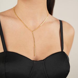 Lariat Bar Necklace, Gold Layered Necklace, Long Bridal Y Necklace, Dangling Minimal Necklace, Delicate Gold Necklace
