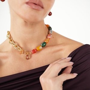 Multicolor Gemstone Necklace, Mix Agate Stones Necklace, Handmade Necklace, Chunky Necklace