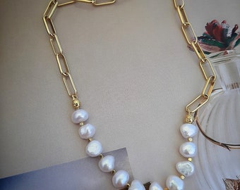 Freshwater Pearl Necklace with Gold Paperclip Chain, Bridal Jewelry