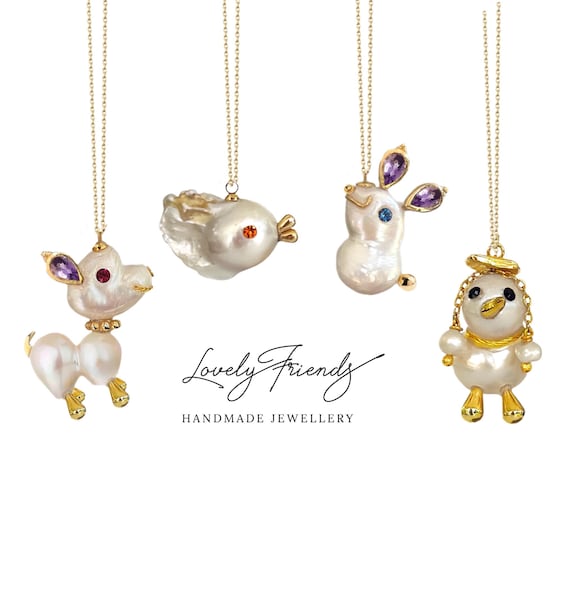 Pearl Rabbit Pendant Bunny Necklace, Handmade Animal Pearl
