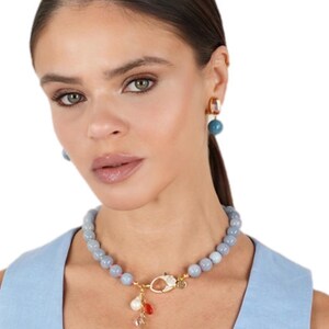 Blue Aquamarine Necklace, Gemstone Necklace, Aquamarine stones and swawovski stones Necklace, Handmade Beaded Necklace