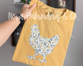 Patchwork Chicken Tshirts, Embroidered Chicken Shirt, Applique Chickens, Gift for Chicken Lovers, Chicken Obsessed, Chicken Shirt