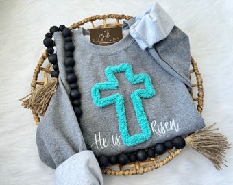 Easter He is Risen Sweater, Easter Religious Shirt, Easter Sweatshirt, Easter Bunny Sweatshirt, Easter Gift Sweater, Chenille Yarn Sweater