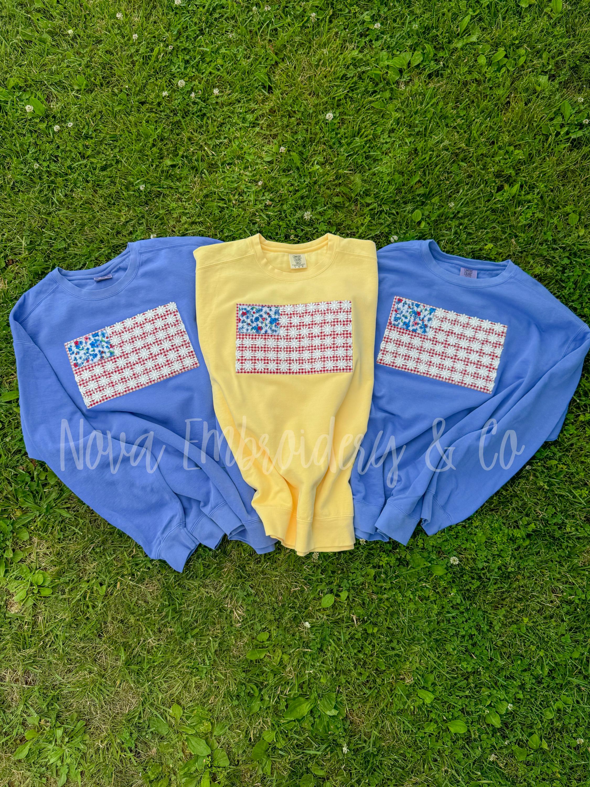 Quilted USA Flag Applique Sweatshirt, Fourth of July Monogram Top, Vintage Flag Sweatshirt, 4th of July Apparel, Embroidered Flag Apparel