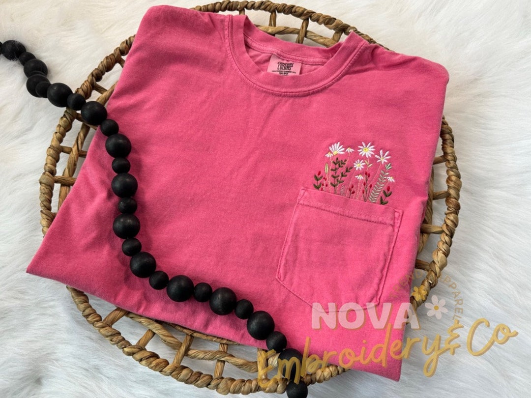 Embroidered Wildflower Pocket T-shirt, Embroidered Flower Shirt, Spring ...