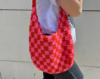 Crochet Bag, Baguette Shoulder Bag, Hot Girl College Bag, Checkered Crochet Bag, Swirly Crochet Bag