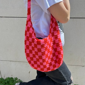 Crochet Bag, Baguette Shoulder Bag, Hot Girl College Bag, Checkered Crochet Bag, Swirly Crochet Bag