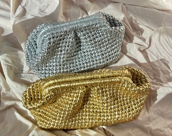Crochet Bag, Crochet Metallic Raffia Clutch, Silver Bag, Gold Bag, Luxury Evening Bag
