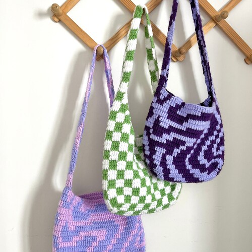 Checkered Crochet Shoulder Bag Etsy