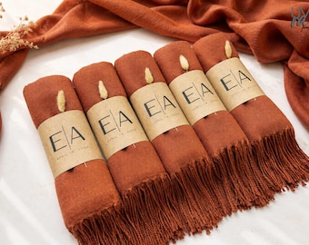 Burnt Orange Personalized Pashmina Shawl – Bulk Wedding Favors for Guests, Bridesmaid Scarf