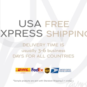 May include: USA FREE EXPRESS SHIPPING* Delivery time is usually 3-6 business days for all countries.  DHL Express, FedEx Express, UPS, and United States Postal Service logos are shown. *Sample products are sent with Standard Shipping (7-12 Days).