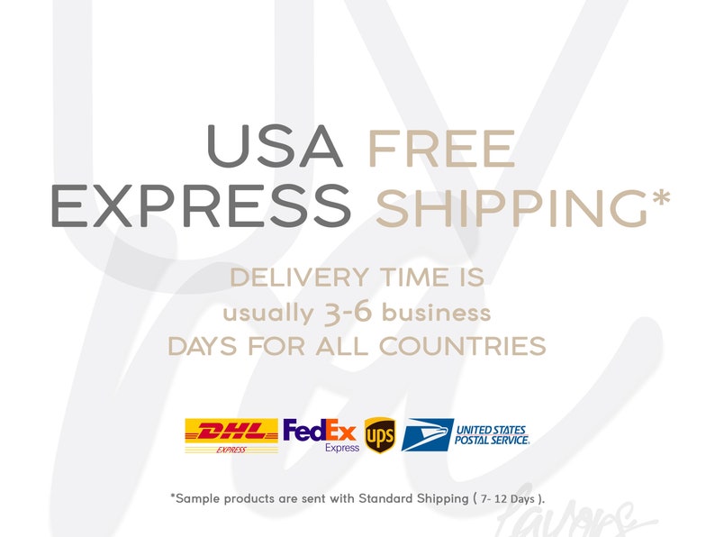 May include: USA FREE EXPRESS SHIPPING* Delivery time is usually 3-6 business days for all countries.  DHL Express, FedEx Express, UPS, and United States Postal Service logos are shown. *Sample products are sent with Standard Shipping (7-12 Days).
