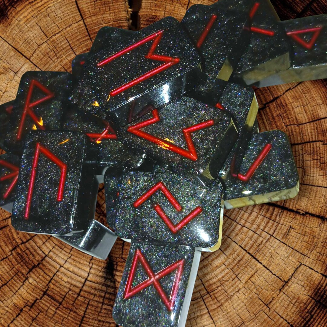 Resign Rune Elder Futhark Rune Set – 25 Black Resin Runes W/ Holographic Glitter ...