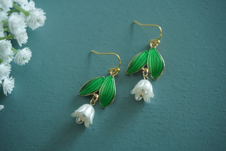 Lily earrings, Lily Of The Valley earrings, Lily Floral earrings, Lily Pearl earrings,wedding earrings ,May birthday earrings image 2