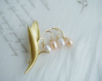 Pearl brooch,18k gold plated brooch,floral brooch,water pearl,lily of the valley brooch.birthday gift