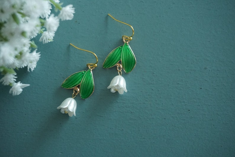 Lily earrings, Lily Of The Valley earrings, Lily Floral earrings, Lily Pearl earrings,wedding earrings ,May birthday earrings image 3