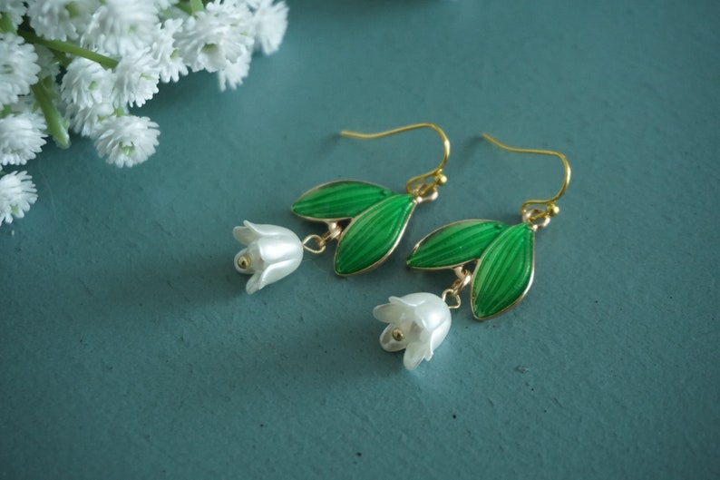 Lily earrings, Lily Of The Valley earrings, Lily Floral earrings, Lily Pearl earrings,wedding earrings ,May birthday earrings image 8