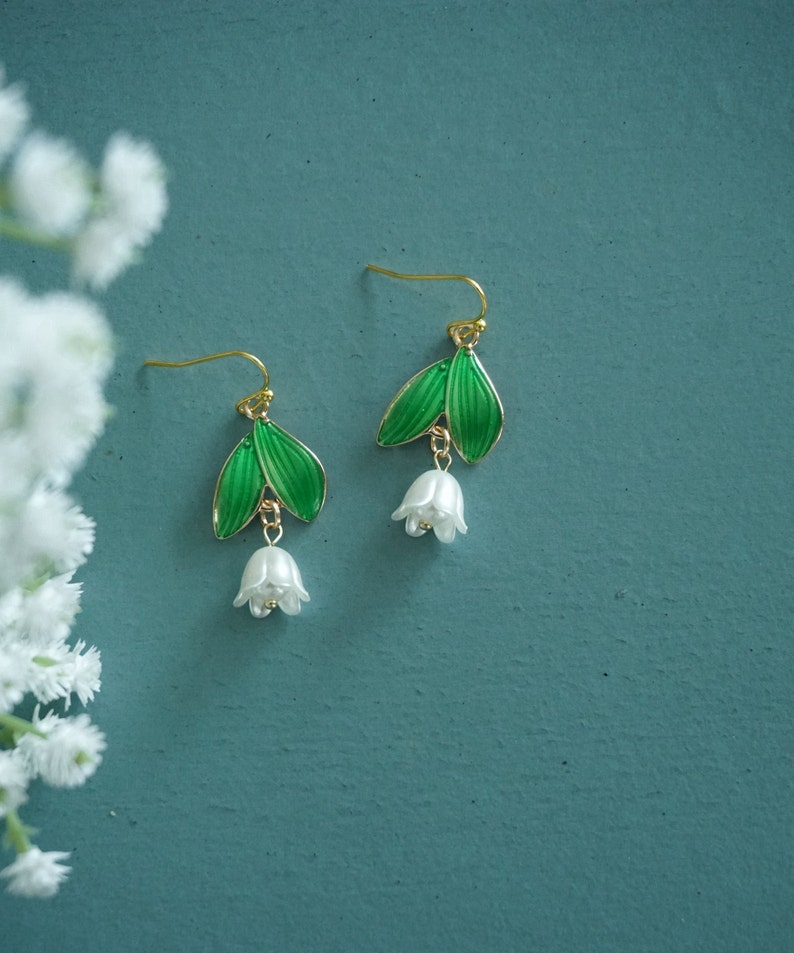Lily earrings, Lily Of The Valley earrings, Lily Floral earrings, Lily Pearl earrings,wedding earrings ,May birthday earrings image 7