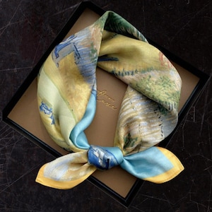 Silk Square Scarf, Women's Scarf, Fashion Scarf, Bandana, Headband, Bag Accessory, Gift Idea flower scarf ,van gogh paint scarf,55*55cm/14