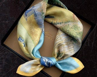 Bufanda cuadrada de seda, bufanda de mujer, bufanda de moda, pañuelo, diadema, accesorio de bolso, bufanda de flores idea de regalo, bufanda de pintura de Van Gogh, 55*55 cm/14