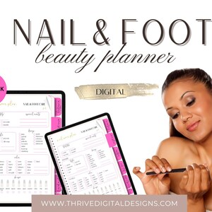 May include: A digital nail and foot beauty planner with a hot pink accent. The planner is displayed on two tablets, with a woman filing her nails in the background. The planner includes sections for nail and foot care, with a variety of options to choose from.