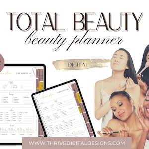 Puede incluir: Un planificador de belleza digital con el texto "TOTAL BEAUTY beauty planner" y la palabra "DIGITAL". La imagen incluye un círculo malva y mujeres maquillándose. Dos tabletas muestran páginas del planificador.