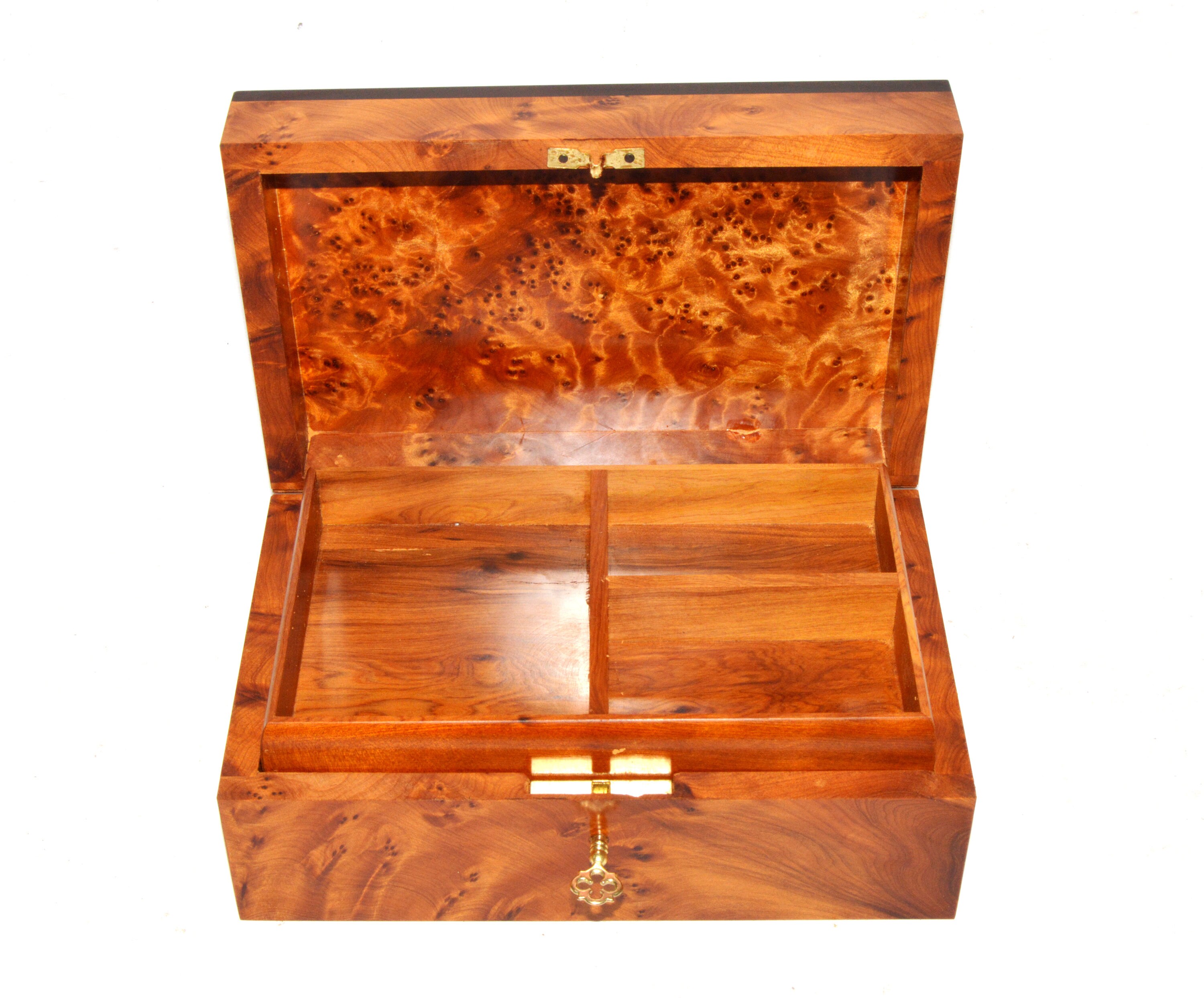 Wooden Jewelry Box Made Of Thuya Burl,Lockable Chest Box With Two Storage Level 
