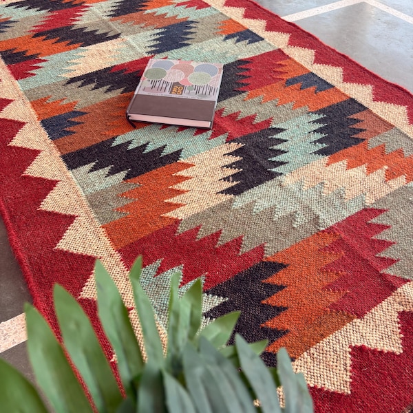 Traditional Kilim Rug- Wool and Jute Rug Handmade Wool Kilim Rug Boho Rug Flatweave Rug Area Rug Rug for Living Room Bohemian Rug 8x10 9x12