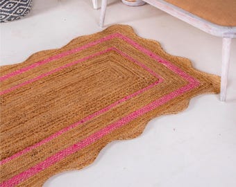 Indian Handmade Scalloped Rug, Bohemian Eco Frindly Framhouse Custom Size Home Decor Rug Outdoor Braided Jute Rug Kithcen Decorative Carpet