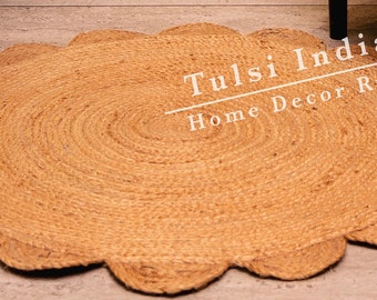 Round Rug- handmade round rug, natural rug, bedroom rug, kichen rug, living room rug, 5x5 round rug, Outdoor Rug  home decor  Scalloped Rug