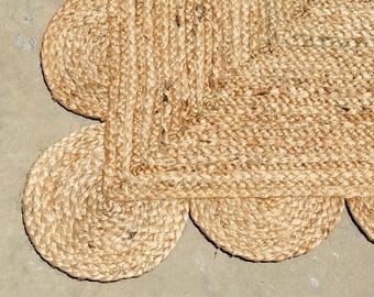 Scalloped Jute Rug Handmade Jute Area Rug Braided Outdoor Rug5x7 Natural living Room Rug Handwoven Decorative Custom Rug Large Area Rug 8x10