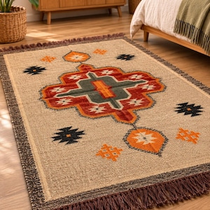 Alfombra grande hecha a mano, decoración de sala de estar estilo suroeste, alfombra Kilim, alfombra de dormitorio, alfombra vintage para exteriores, alfombra de lana y yute, alfombra de tejido plano de 8x10