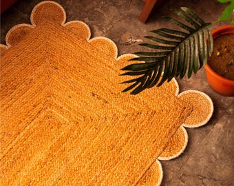 Indian Handmade Jute Rug Scalloped Jute Area Rug Natural Braided Jute Kitchen Rug Vintage Area Rug Home Decor Bedroom Rug living Room Rug