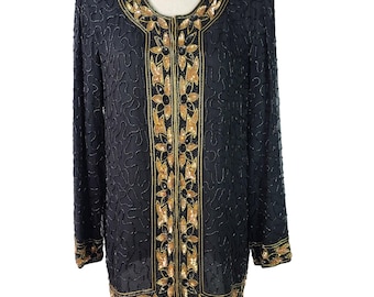 Ste'nay Black Bronze Gold Silk Beaded Sequin Bling Vintage Top Jacket Medium